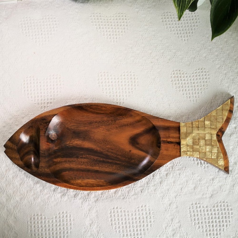 Vintage Pier‎ 1 Imports Wooden Fish Platter Mother Of Pearl Inlays